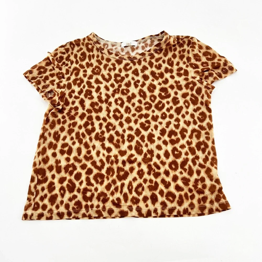 A.L.C. Leopard Print Cotton T-Shirt Brown Tan Animal Print Crew Neck XS Made USA